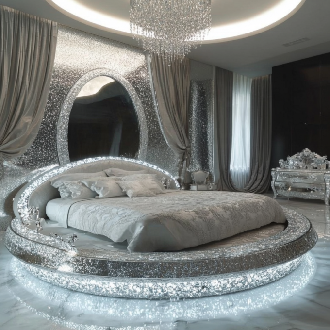 طقم سرير حديث على طراز مرآة بحجم كوين أثاث غرفة نوم حديثة مع تصميم مرآة حديث 3