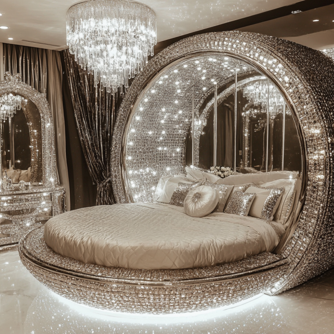 طقم سرير حديث على طراز مرآة بحجم كوين أثاث غرفة نوم حديثة مع تصميم مرآة حديث 4