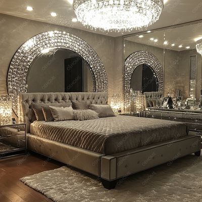 طقم أثاث منزلي بإطار فضي قابل للتعديل لغرفة النوم سرير بمرآة بحجم كينغ أثاث LED مرآة لشقة غرفة النوم
